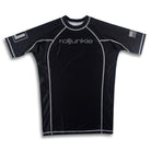 Black rash guard with rolljunkie branding on a white background