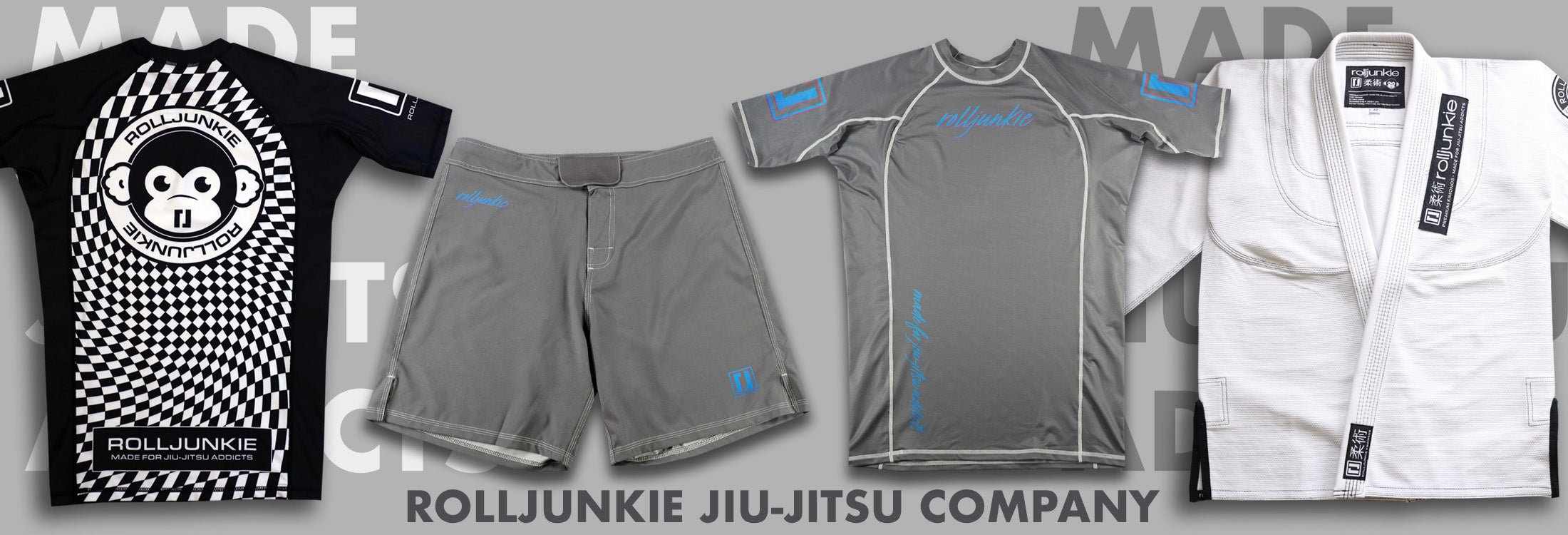 Rolljunkie Jiu-Jitsu Company products including a t-shirt, shorts, and gi 