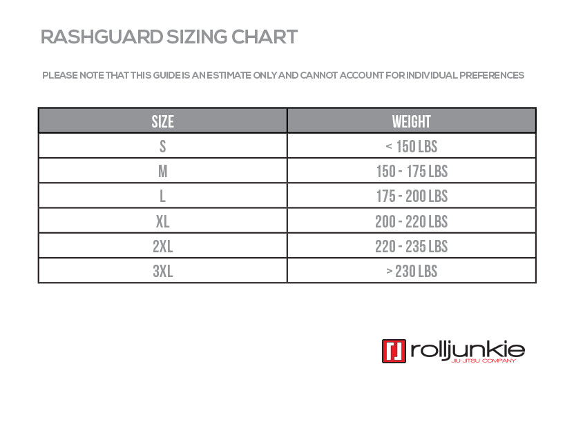 BJJ Rash Guard Size Chart