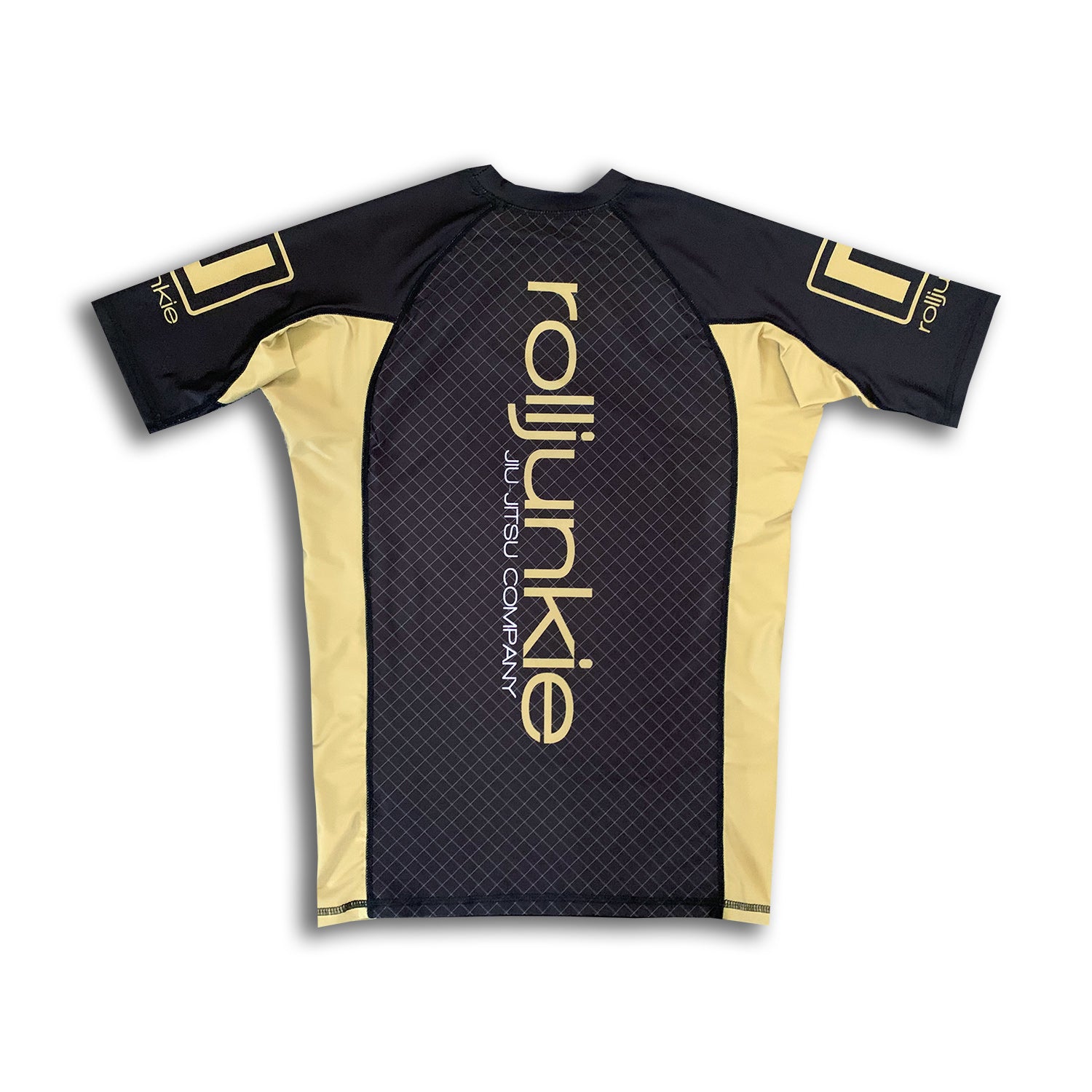 gold and black saint bjj rash guard